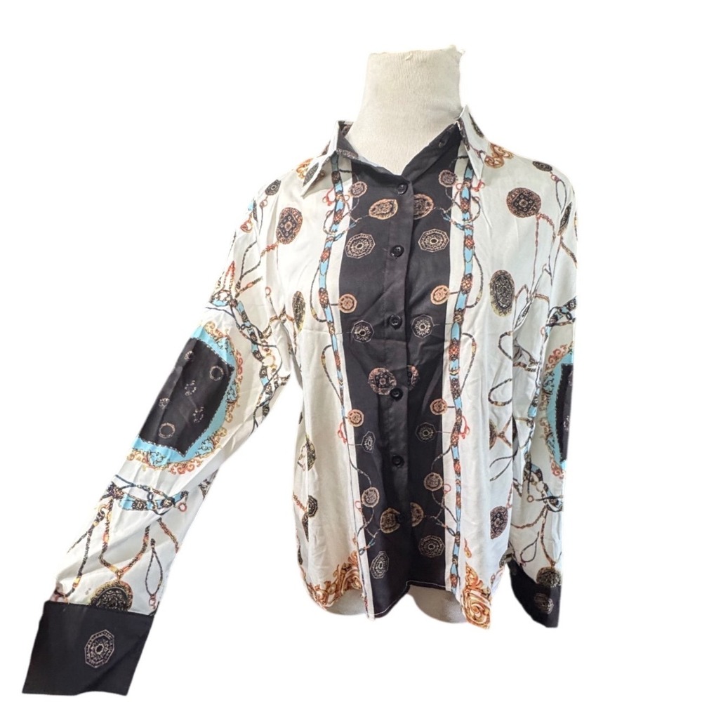 Cause Button Up Blouse Women Size M Silky Baroque Chain Print White Black Gold